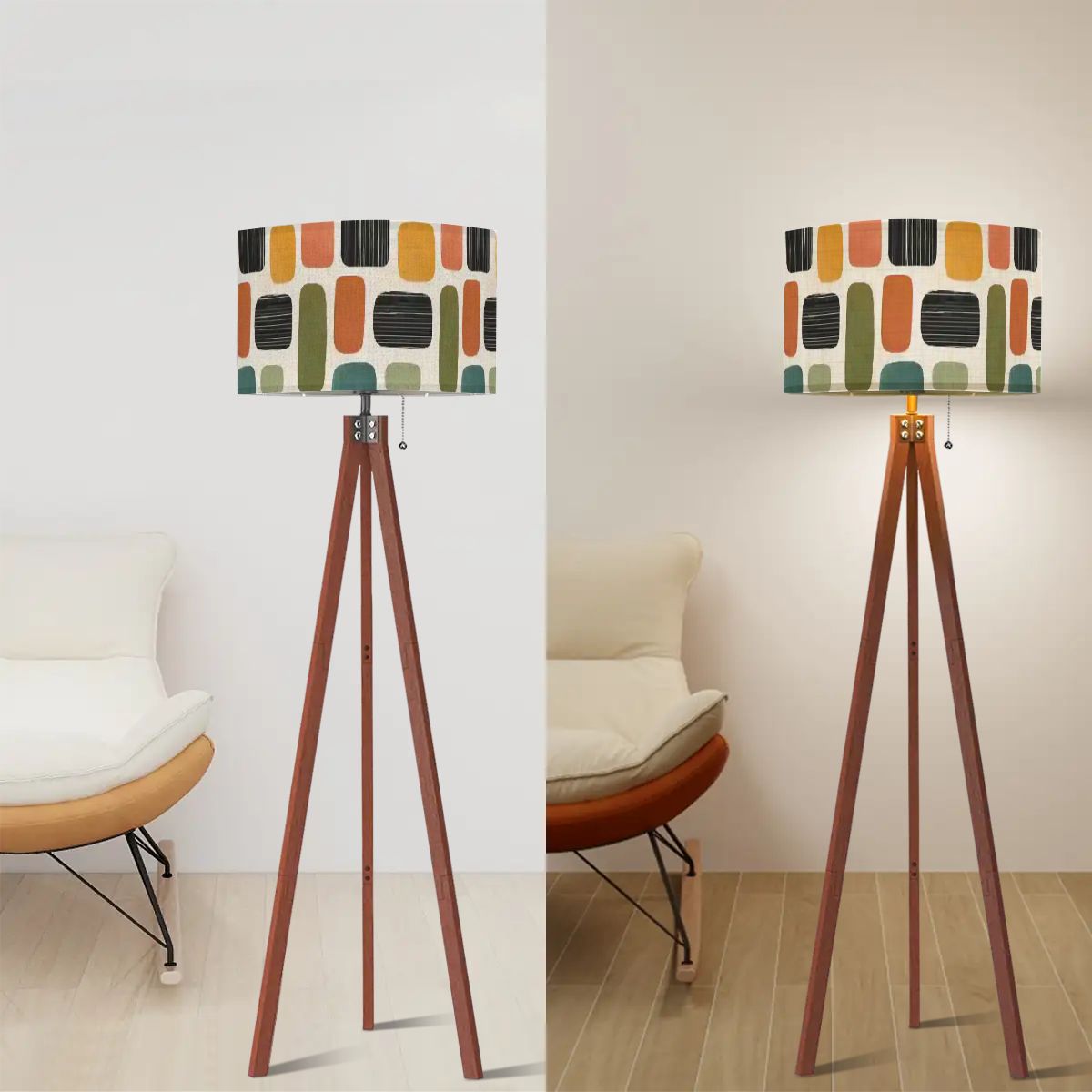 Mid-Century Modern Atomic Pebble Print Tripod Floor Lamp