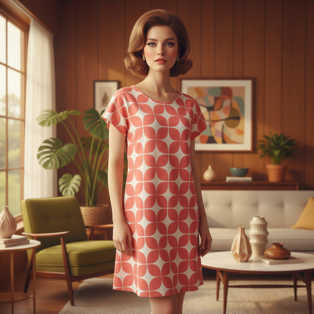 Mod Geometric Shift Dress in Coral | Mid-Century Modern Short Sleeve Dress