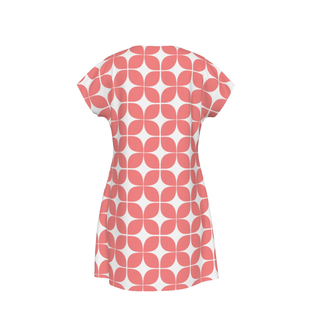 Mod Geometric Shift Dress in Coral | Mid-Century Modern Short Sleeve Dress