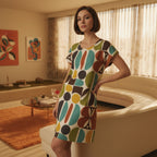 Mod Shapes Shift Dress in Earth Tones | Mid-Century Modern Short Sleeve Dress