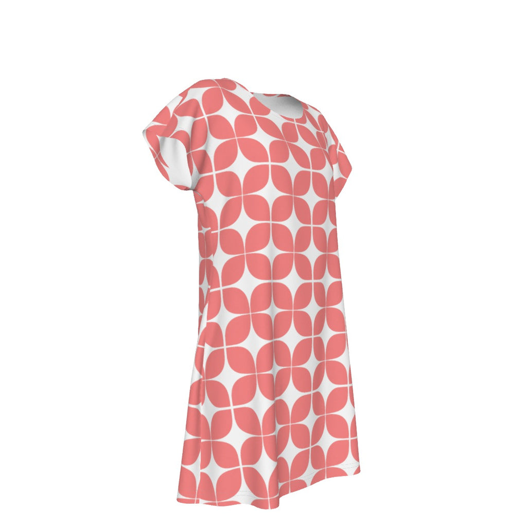 Mod Geometric Shift Dress in Coral | Mid-Century Modern Short Sleeve Dress