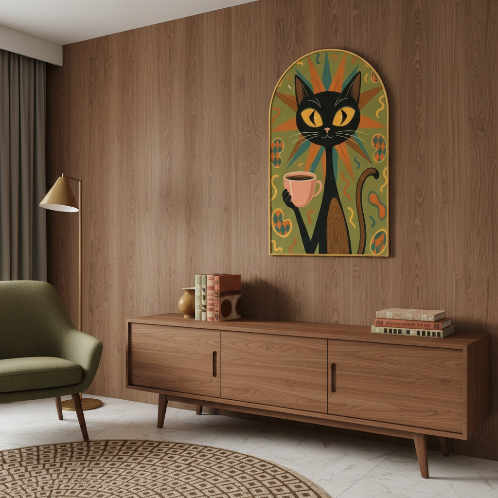 Mid-Century Modern Atomic Cat Sunburst Arched Canvas