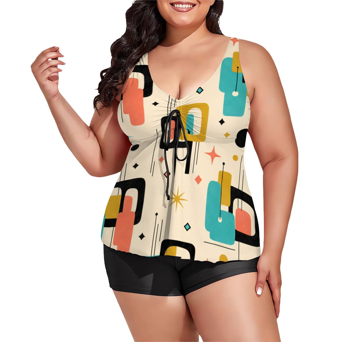 MCM-Era Atomic Geometric Print Plus-Size Two-Piece Swimsuit