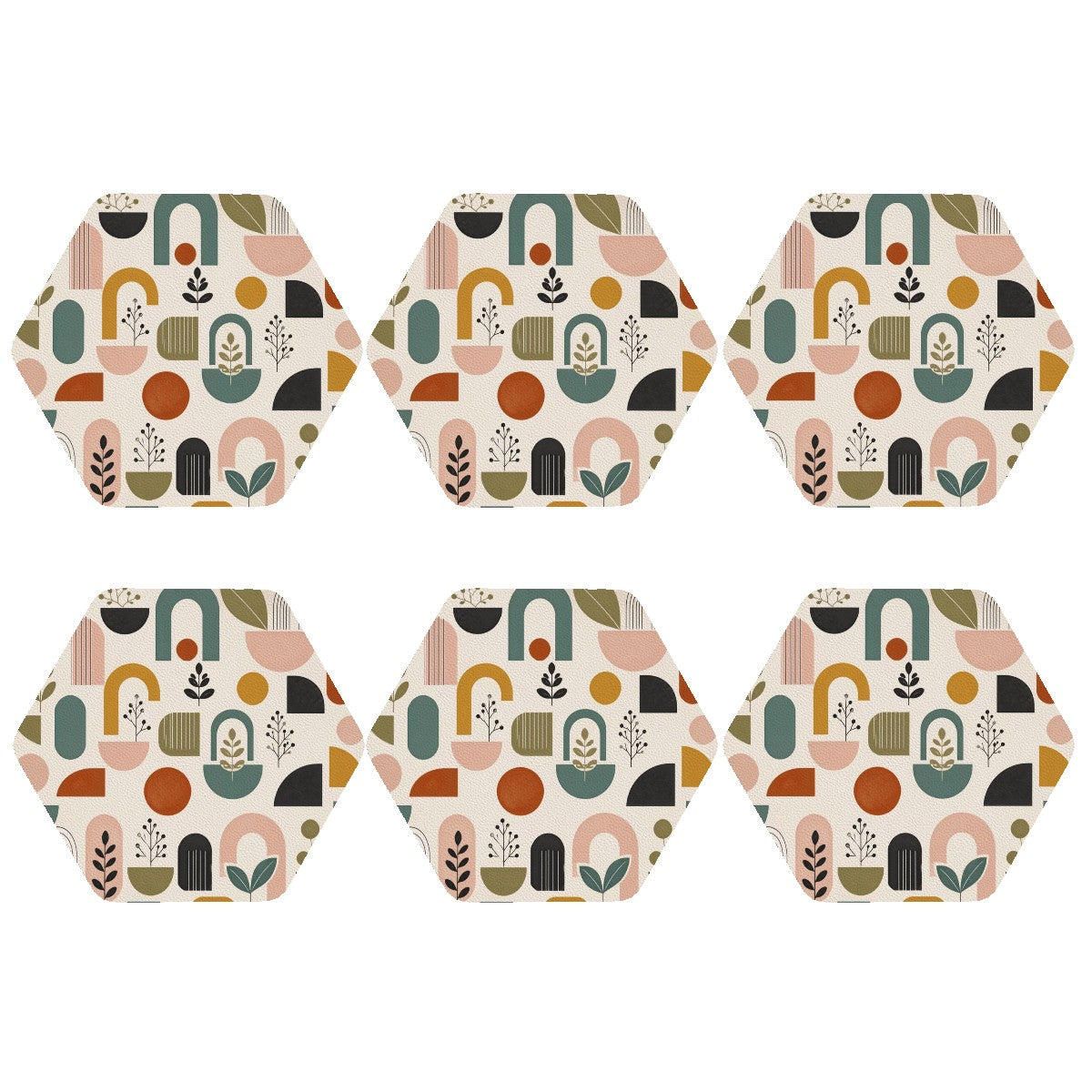 Mid-Century Modern Abstract Geometric Hexagon Coaster Set