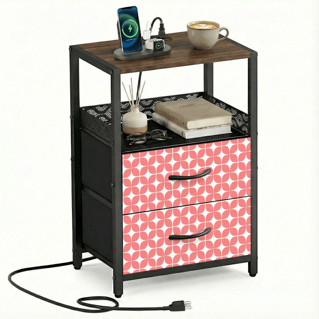 Mid-Century Modern Nightstand with Charging Station | 2-Drawer Bedside Table