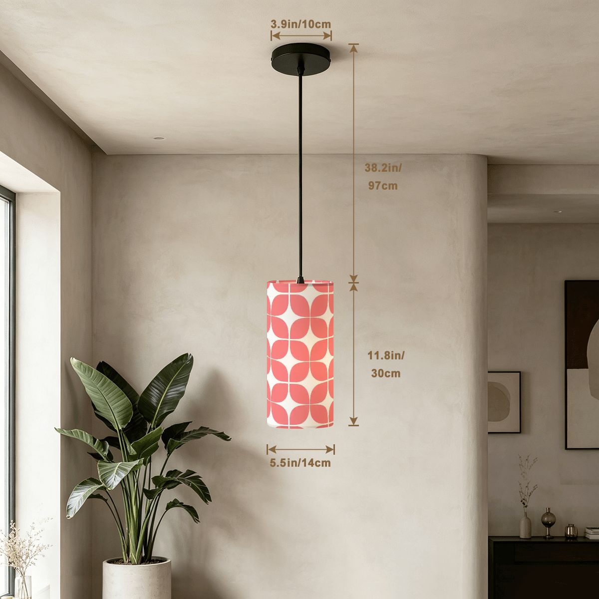 Mid-Century Modern Pendant Light in Pink Geometric | Cylinder Ceiling Light
