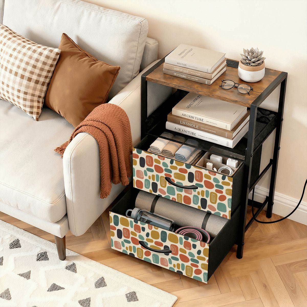 Mid-Century Modern Pebble Nightstand with Charging Station | 2-Drawer Bedside Table