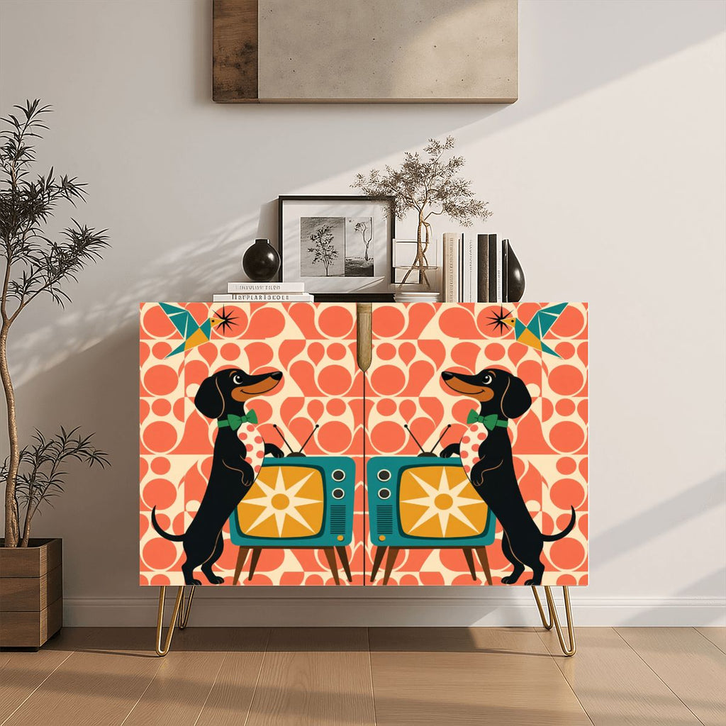 Dachshund & Retro TV Print Mid-Century Modern Media Console