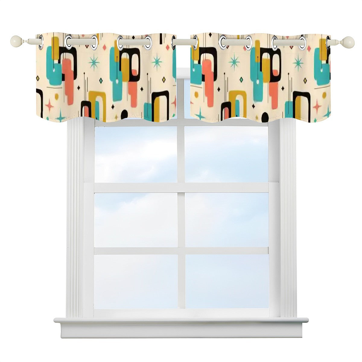 Mid-Century Modern Window Valance — Atomic Pop Shapes, 2 Panels (52"×18")