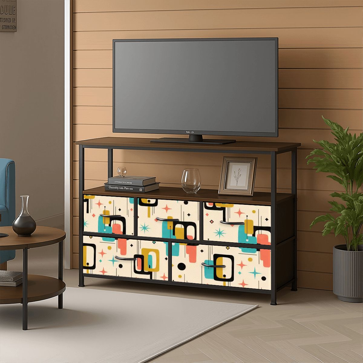 Color-Block Geometric Five-Drawer Mid-Century Modern Media Console
