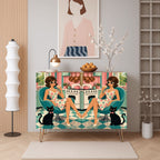 Retro Woman & Black Cat Print Mid-Century Modern Media Console