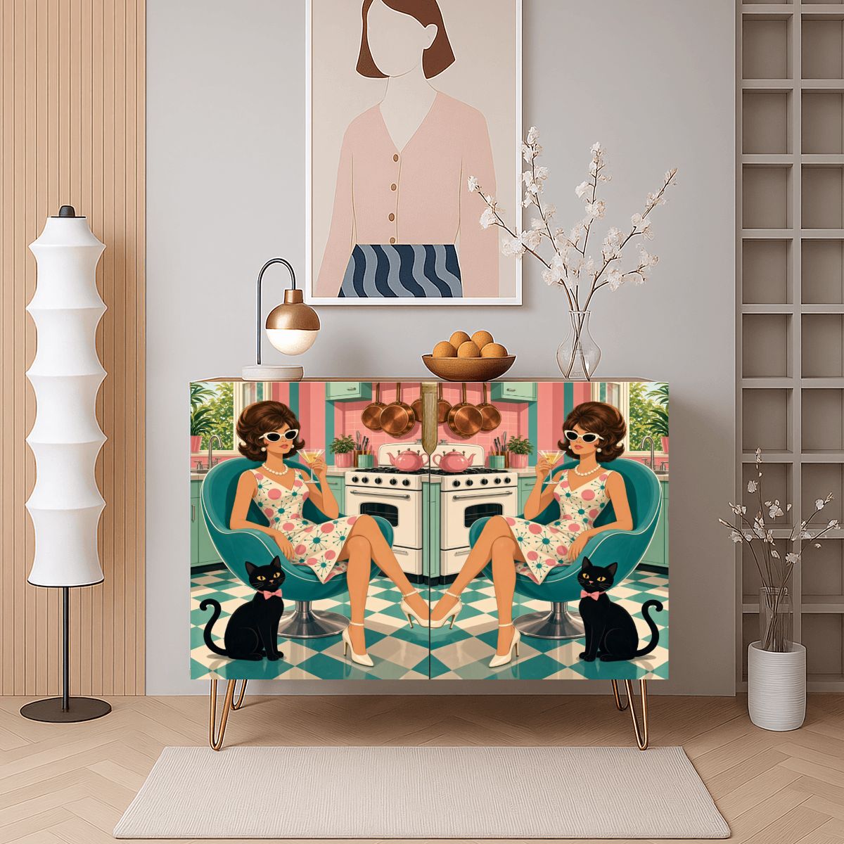 Retro Woman & Black Cat Print Mid-Century Modern Media Console