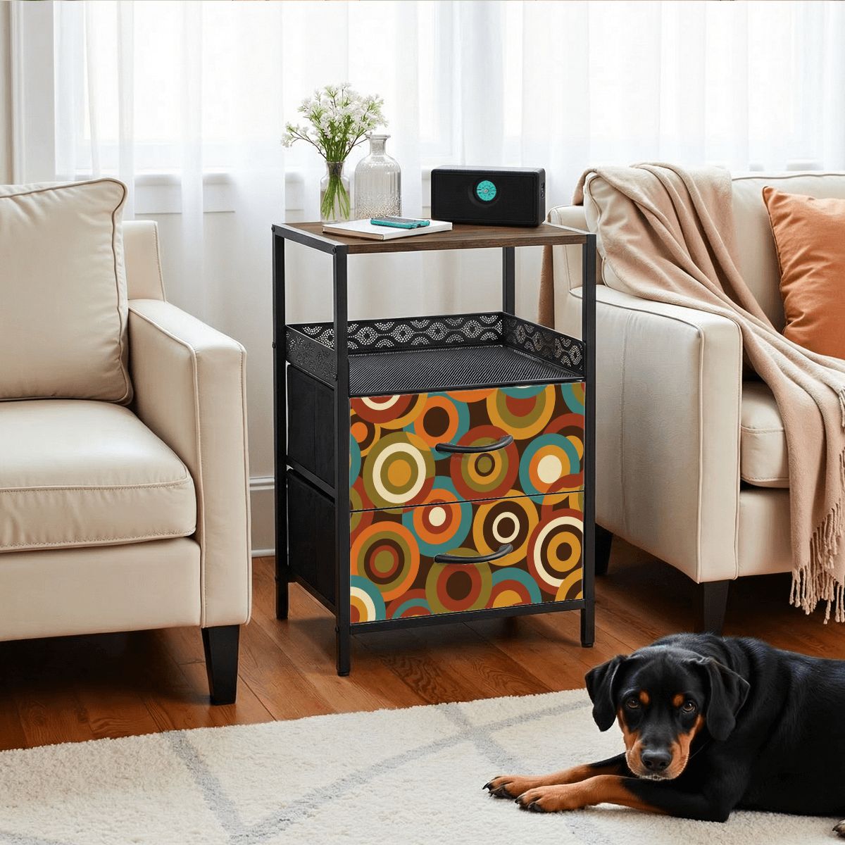 Mid-Century Modern Retro Circles Nightstand with Charging Station | 2-Drawer Bedside Table