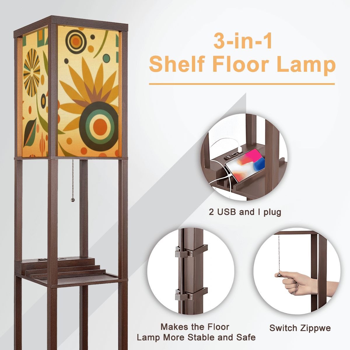 Mid-Century Modern Sunburst Print Shelf Floor Lamp