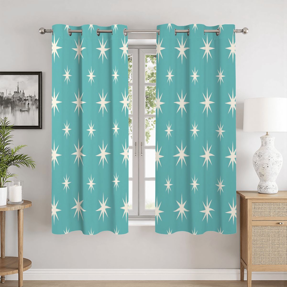 Mid-Century Modern Turquoise Starburst Blackout Curtains, 2-Piece Set
