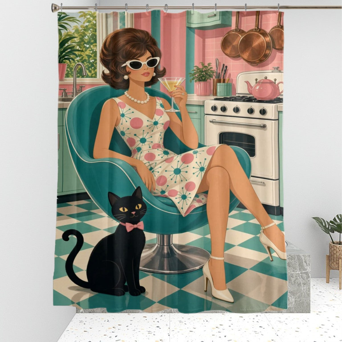 Atomic Kitchen Hostess & Cat Shower Curtain