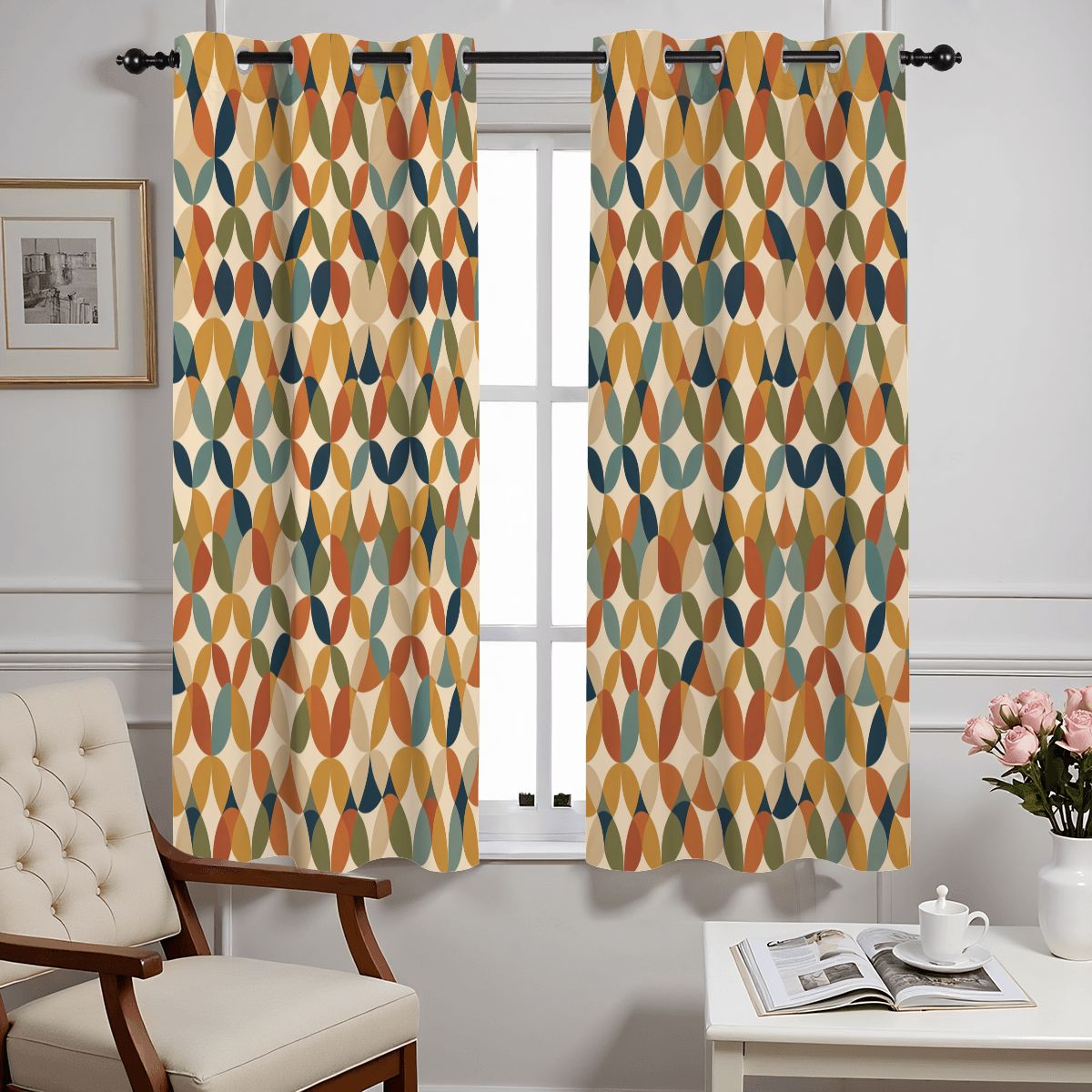 Mid-Century Modern Blackout Curtains — Ogee Leaf Drift, 2 Panels (52"×63")