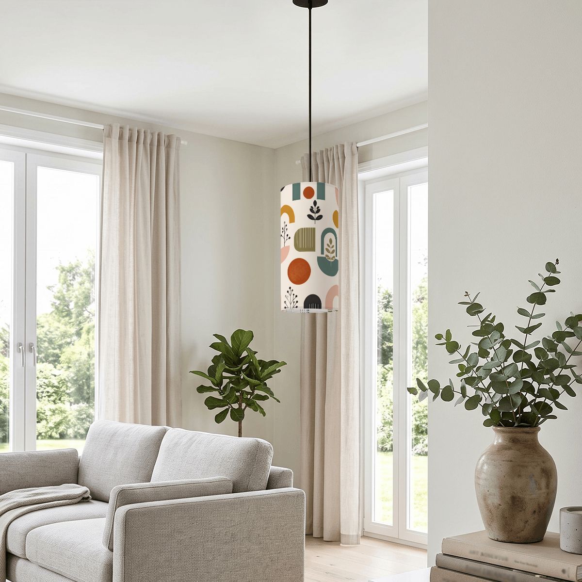 Mid-Century Modern Pendant Light in Mod Abstract | Cylinder Ceiling Light
