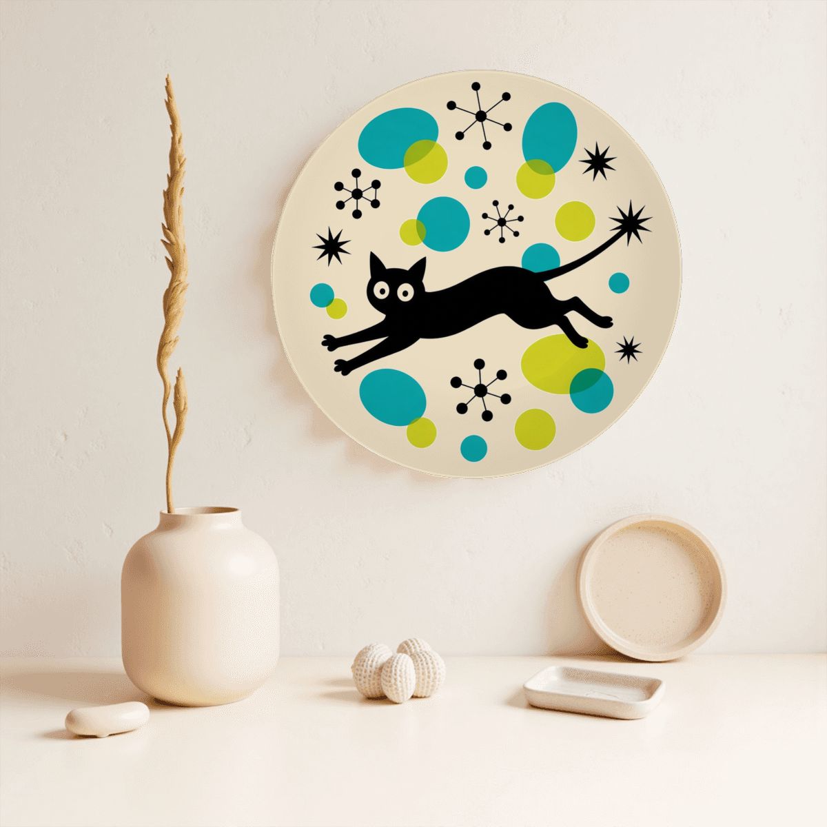 Mid-Century Modern Atomic Cat Colorburst Ceramic Decorative Plate
