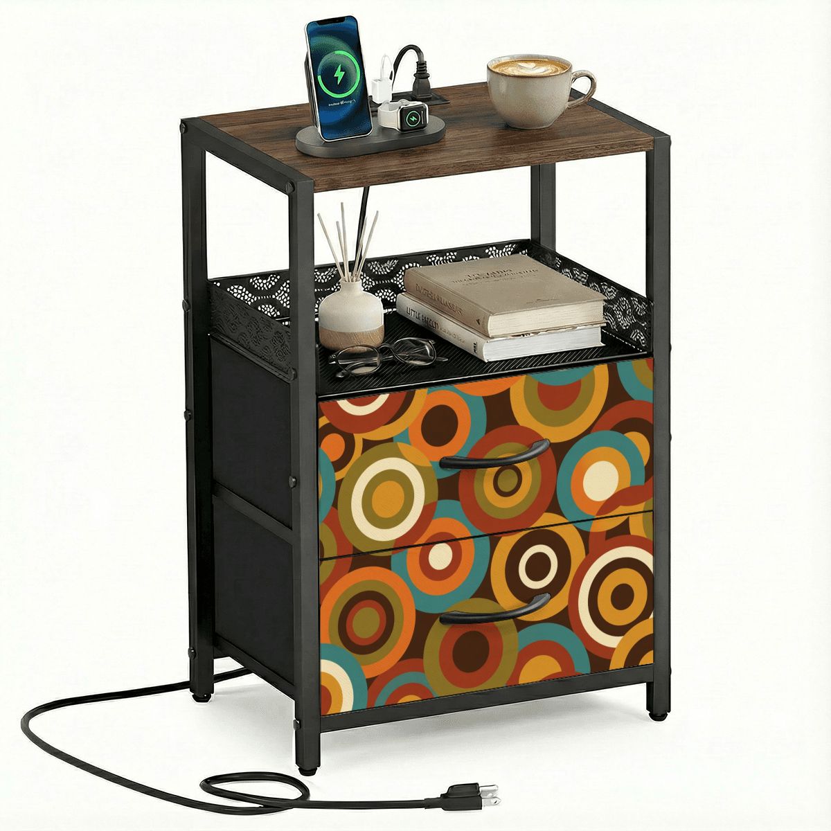 Mid-Century Modern Retro Circles Nightstand with Charging Station | 2-Drawer Bedside Table