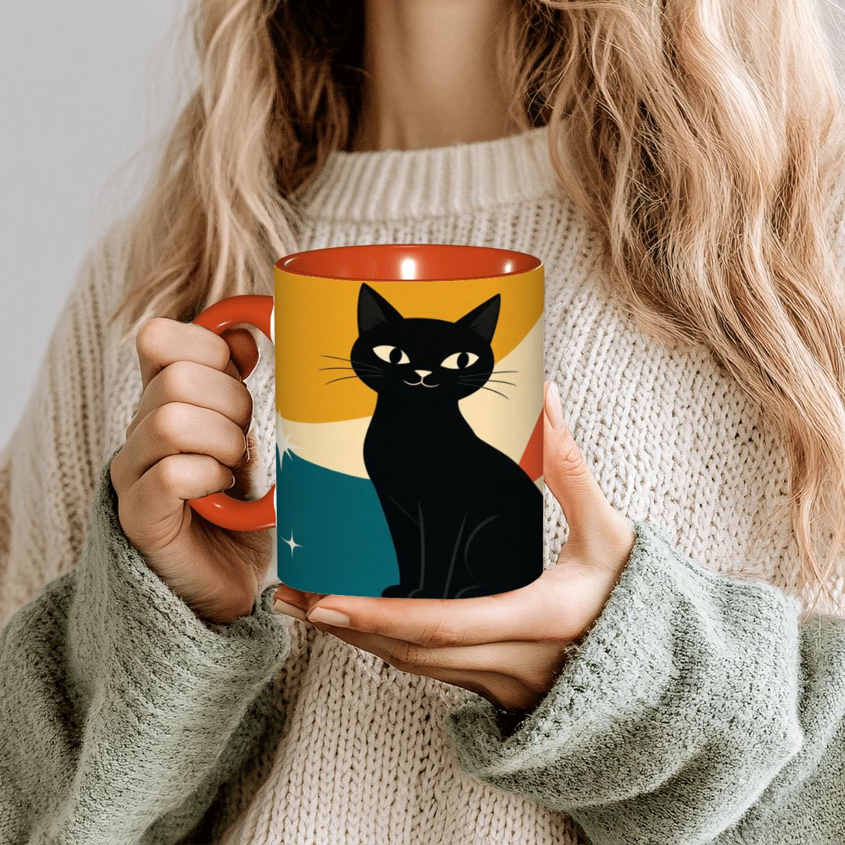 Black Cat Color-Block Mid-Century Modern Ceramic Mug