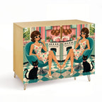 Retro Woman & Black Cat Print Mid-Century Modern Media Console