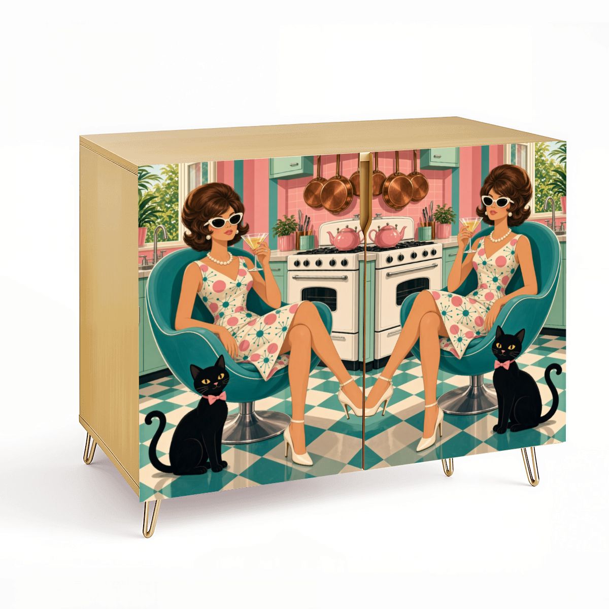 Retro Woman & Black Cat Print Mid-Century Modern Media Console