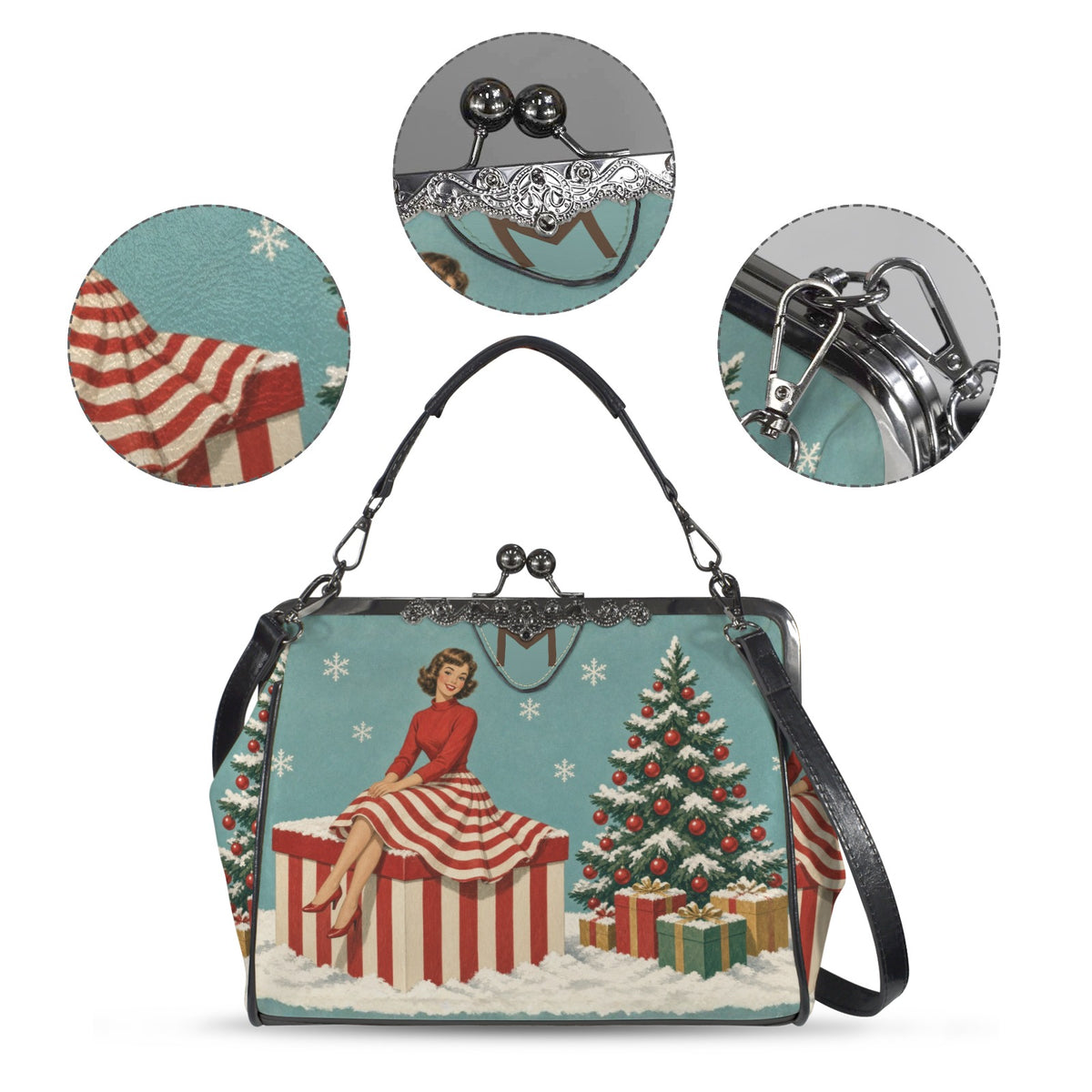 Atomic Christmas Cat Kiss-Lock Crossbody Bag