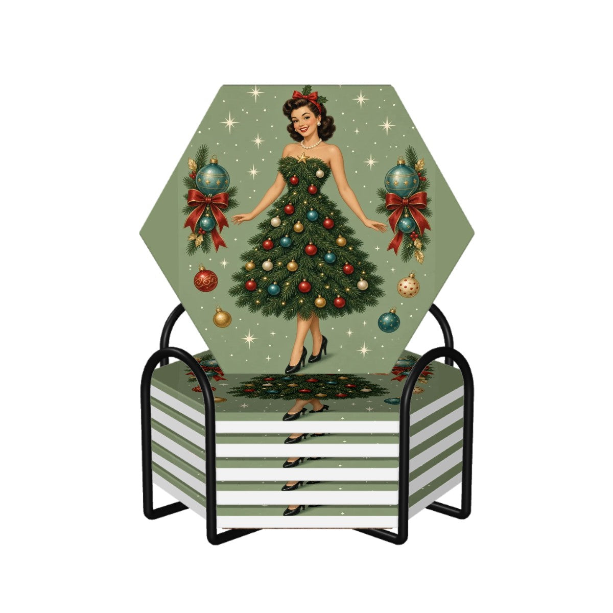 Mid-Century Modern Christmas Tree Ceramic Coaster Set