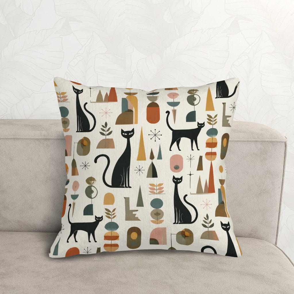 Mid-Century Modern Cat & Vase Print Corduroy Throw Pillow
