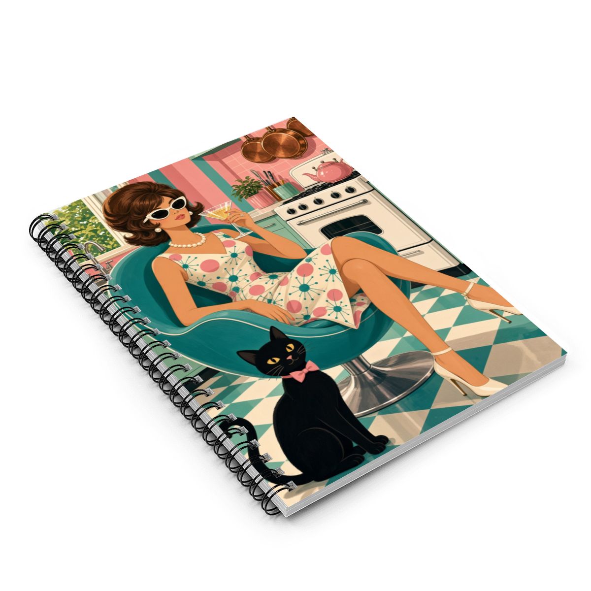 Mid-Century Modern Atomic Cat Muse Spiral Notebook