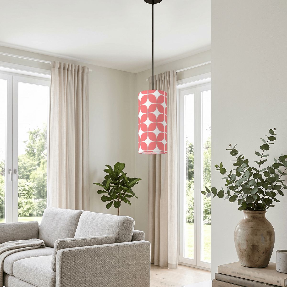 Mid-Century Modern Pendant Light in Pink Geometric | Cylinder Ceiling Light