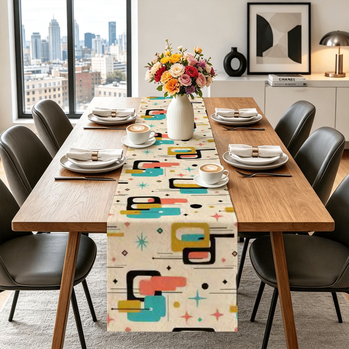 Mid-Century Illustrated Geometric Table Runner