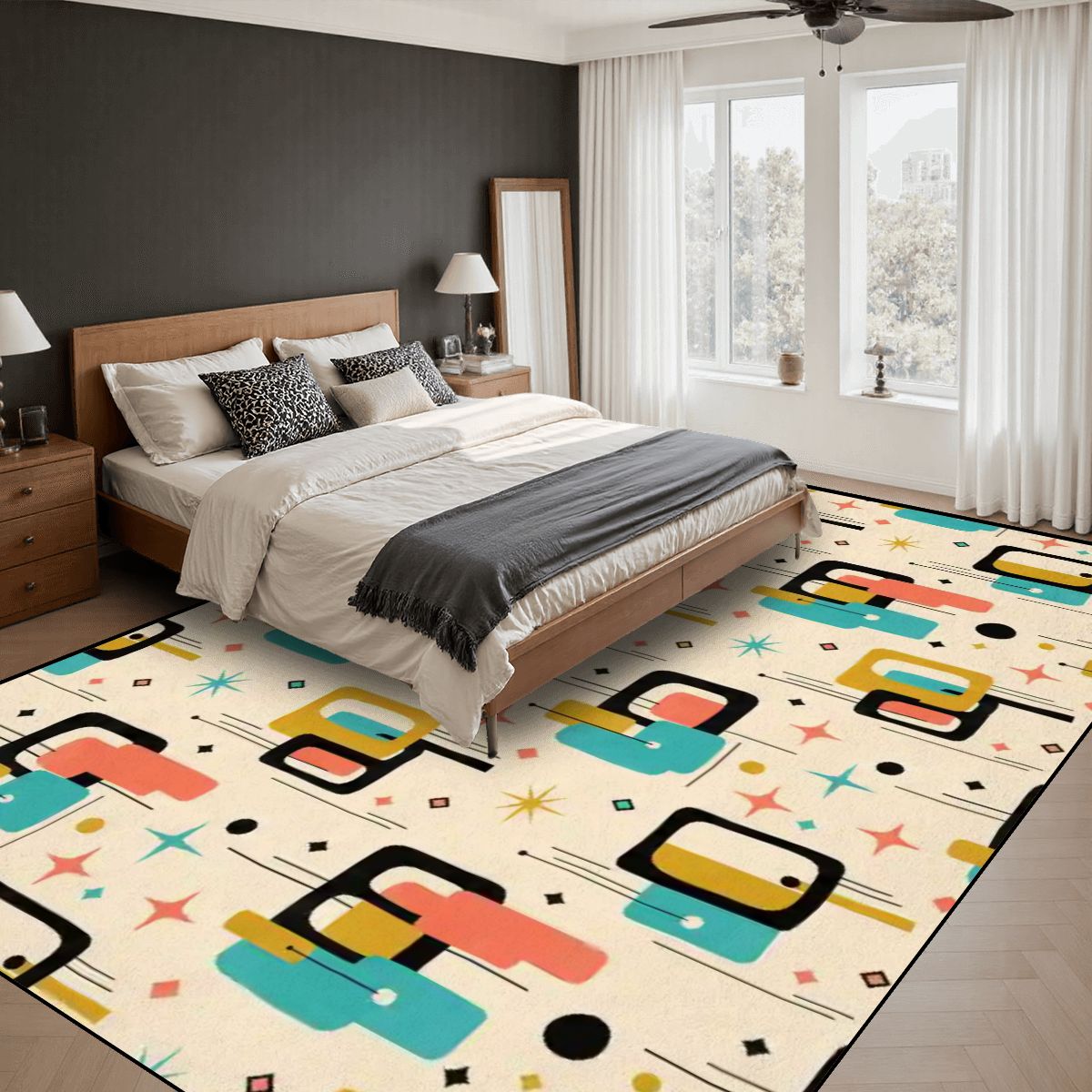 Atomic Age Abstract Area Rug | Mid-Century Modern Non-Slip Floor Carpet