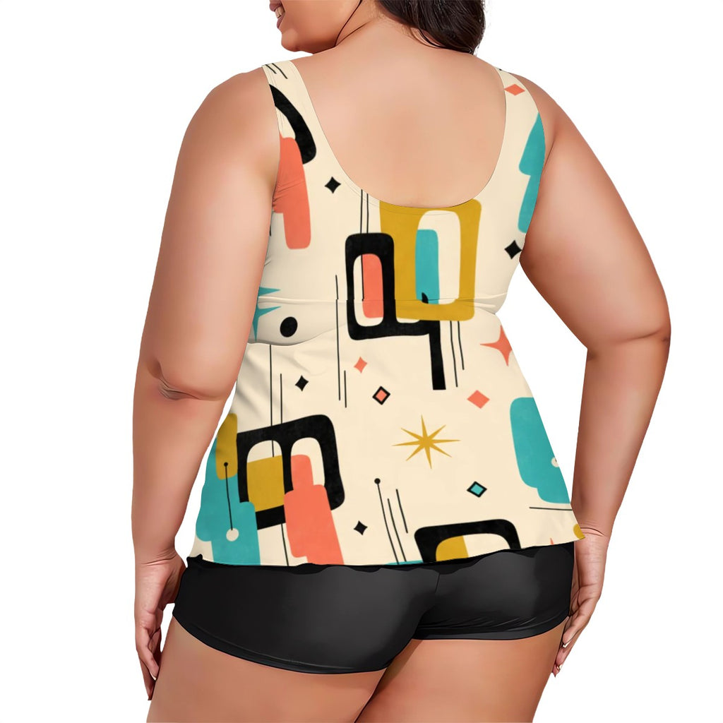 MCM-Era Atomic Geometric Print Plus-Size Two-Piece Swimsuit