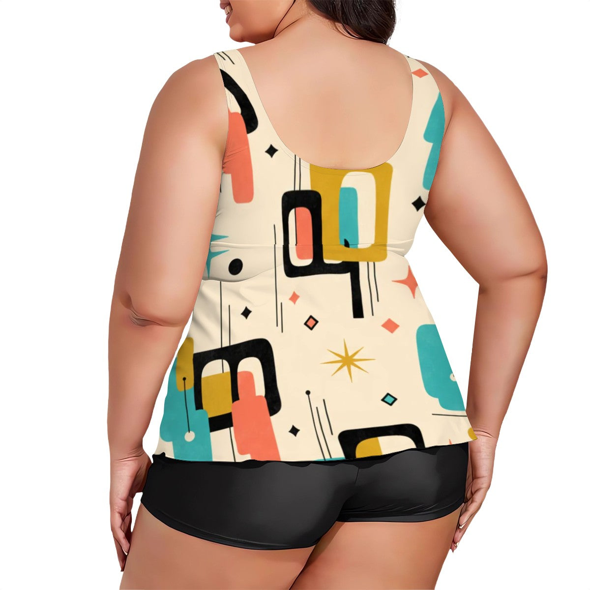 MCM-Era Atomic Geometric Print Plus-Size Two-Piece Swimsuit