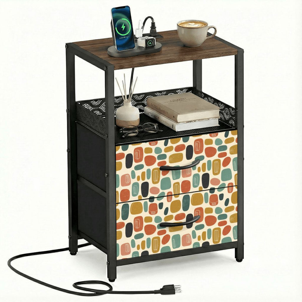 Mid-Century Modern Pebble Nightstand with Charging Station | 2-Drawer Bedside Table