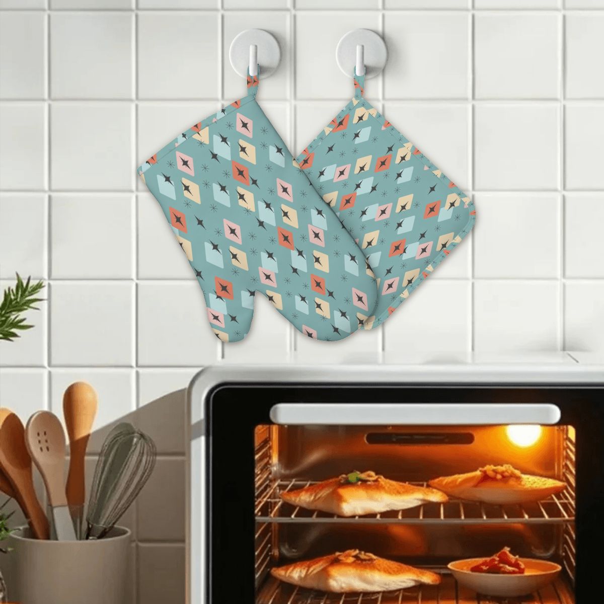 Mid-Century Modern Teal Geometric Oven Mitt & Pot Holder Set