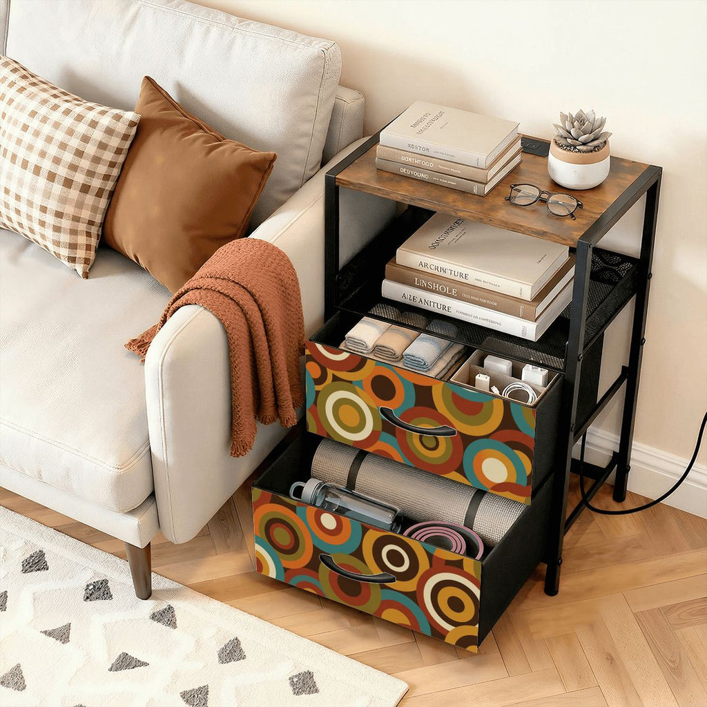 Mid-Century Modern Retro Circles Nightstand with Charging Station | 2-Drawer Bedside Table