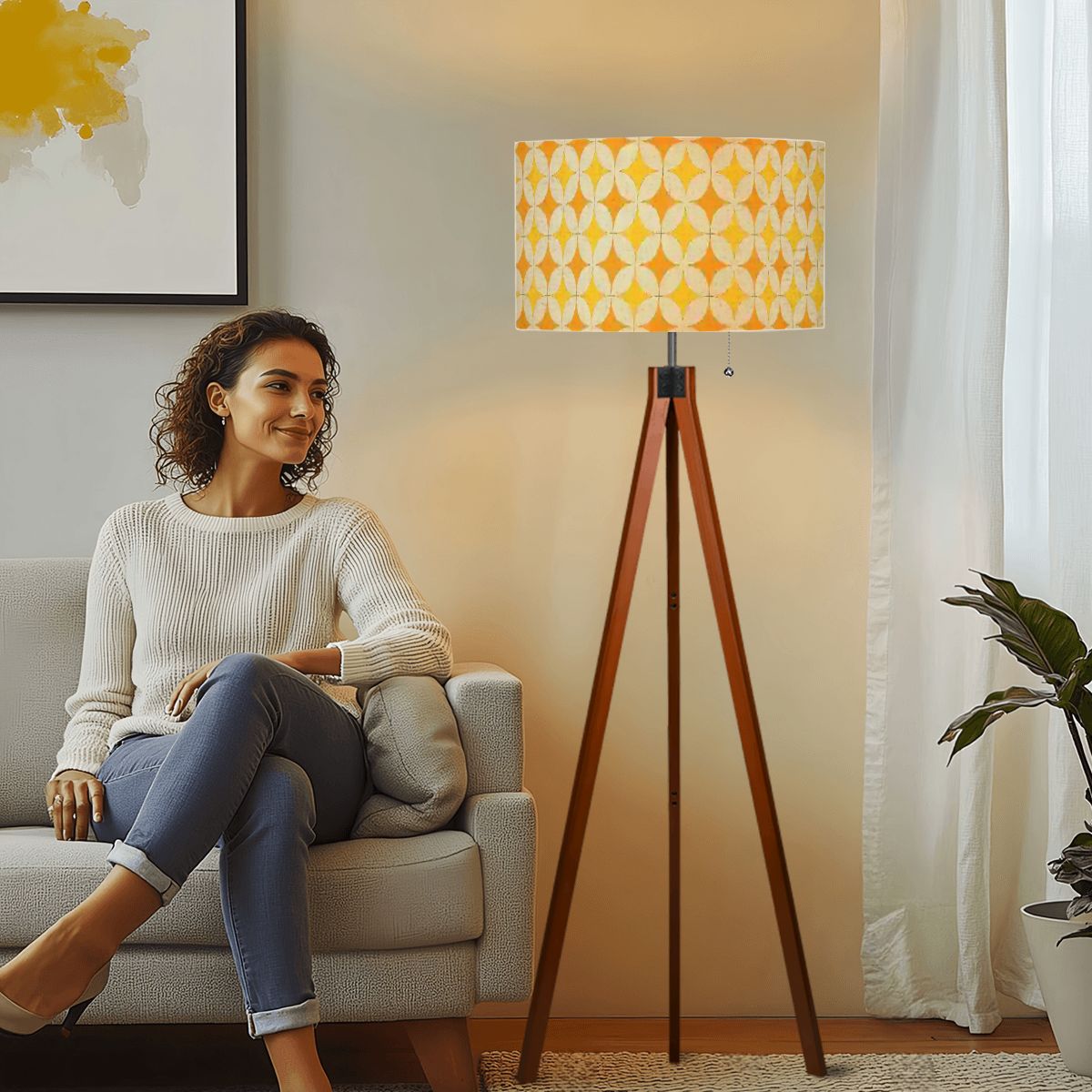 Mid-Century Mustard Geometric Tripod Floor Lamp