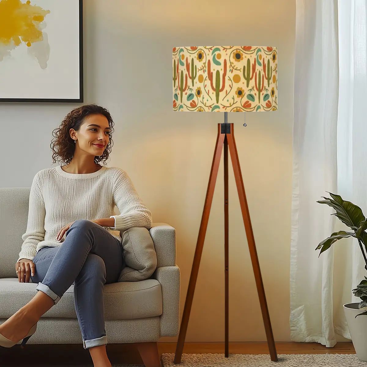 Mid-Century Modern Saguaro Garden Print Tripod Floor Lamp