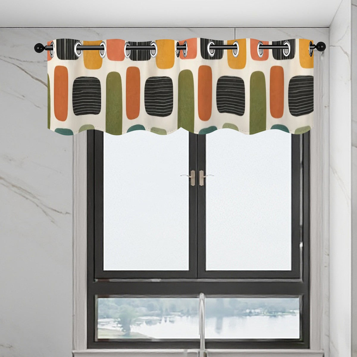 Mid-Century Modern Window Valance — Retro Arch Blocks, 2 Panels (52"×18")