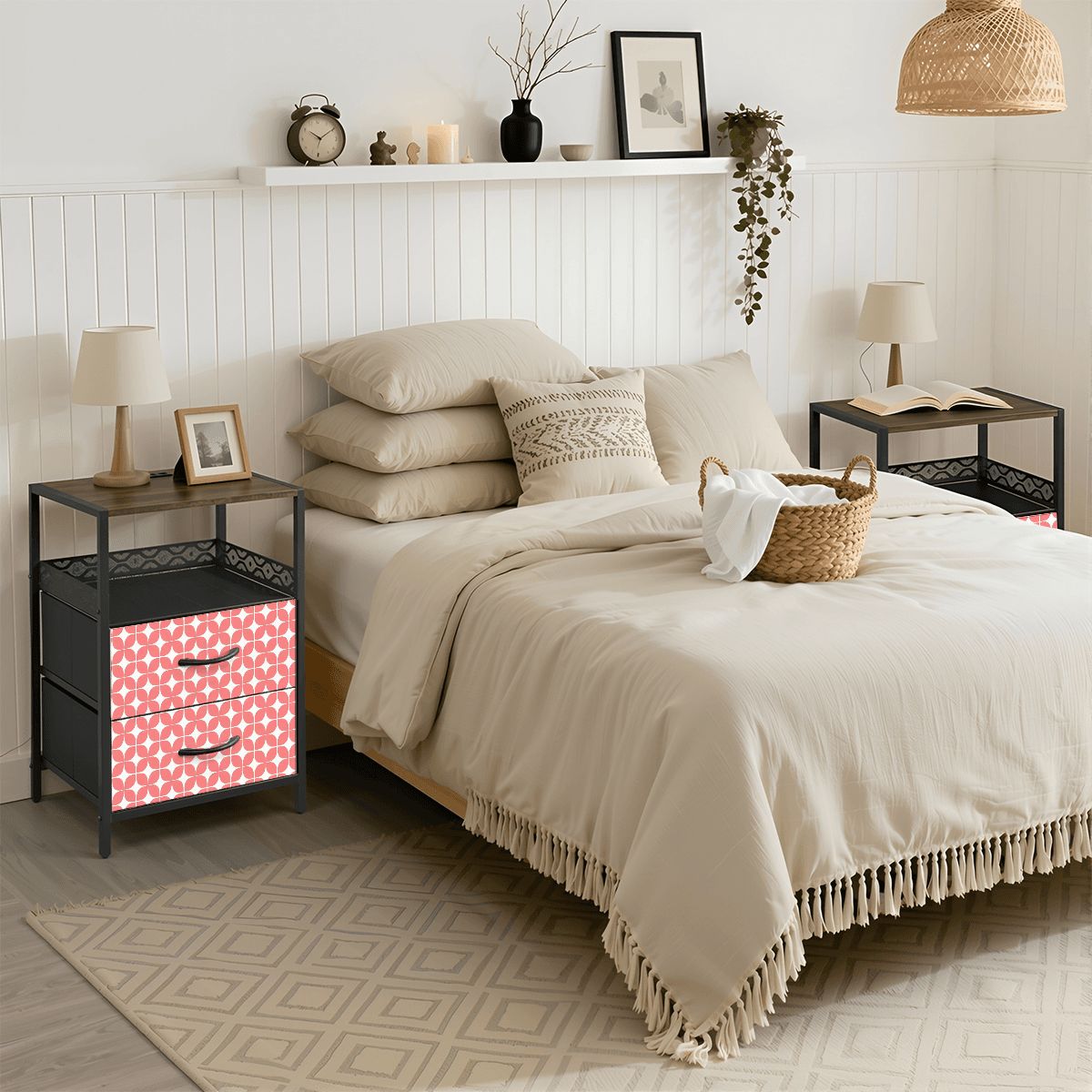 Mid-Century Modern Nightstand with Charging Station | 2-Drawer Bedside Table