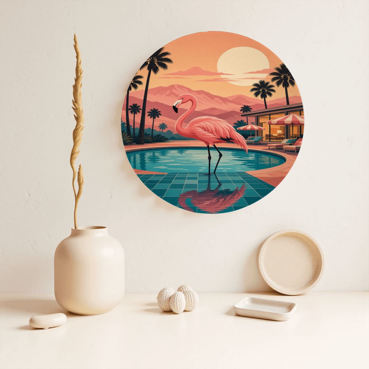 Mid-Century Modern Palm Springs Flamingo Poolside Ceramic Decorative Plate