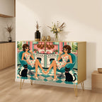 Retro Woman & Black Cat Print Mid-Century Modern Media Console