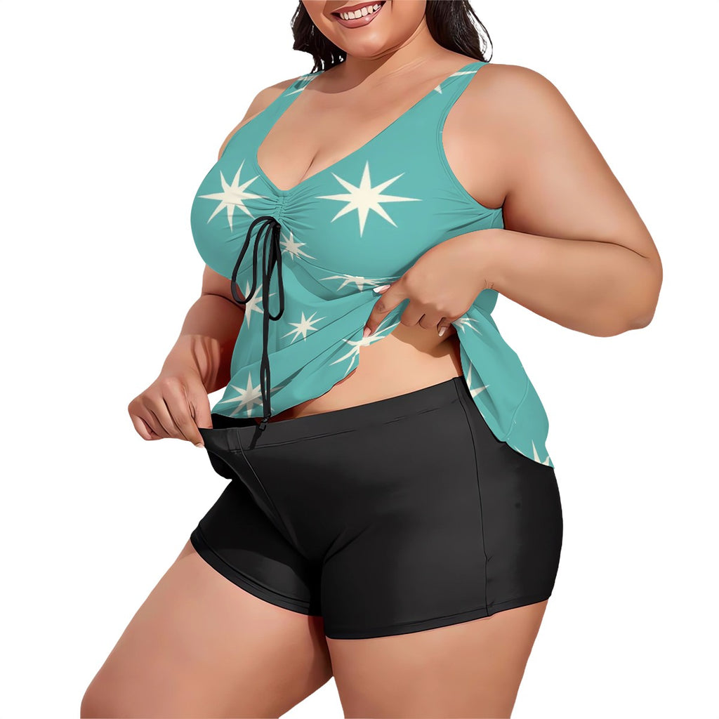 MCM-Era Turquoise Atomic Starburst Print Plus-Size Two-Piece Swimsuit