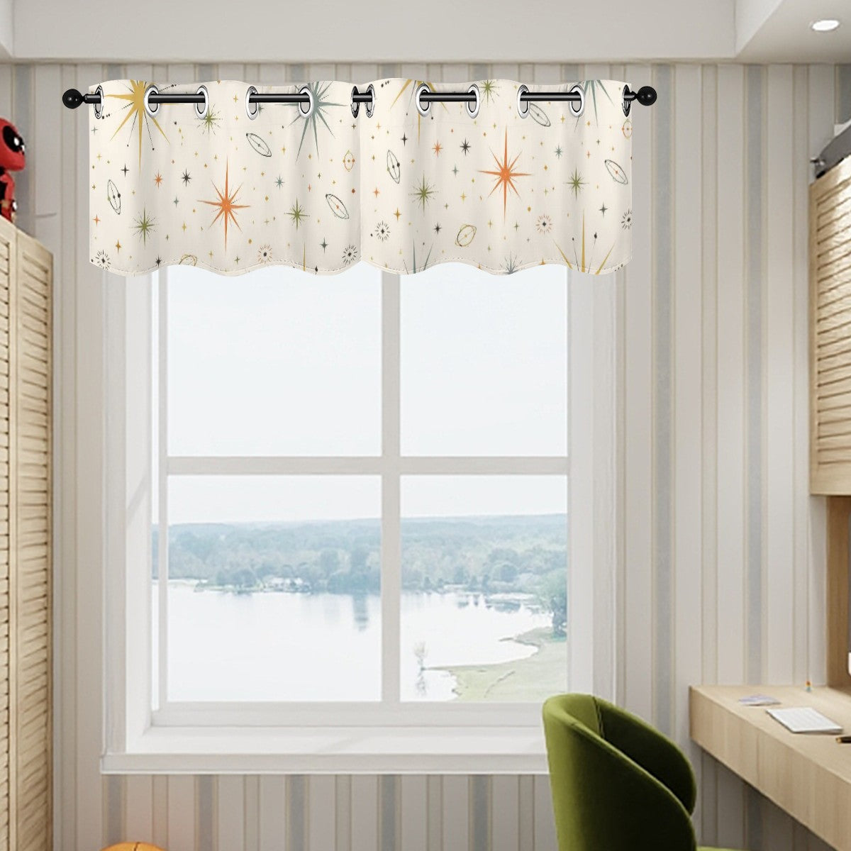 Mid-Century Modern Window Valance — Atomic Starburst, 2 Panels (52"×18")