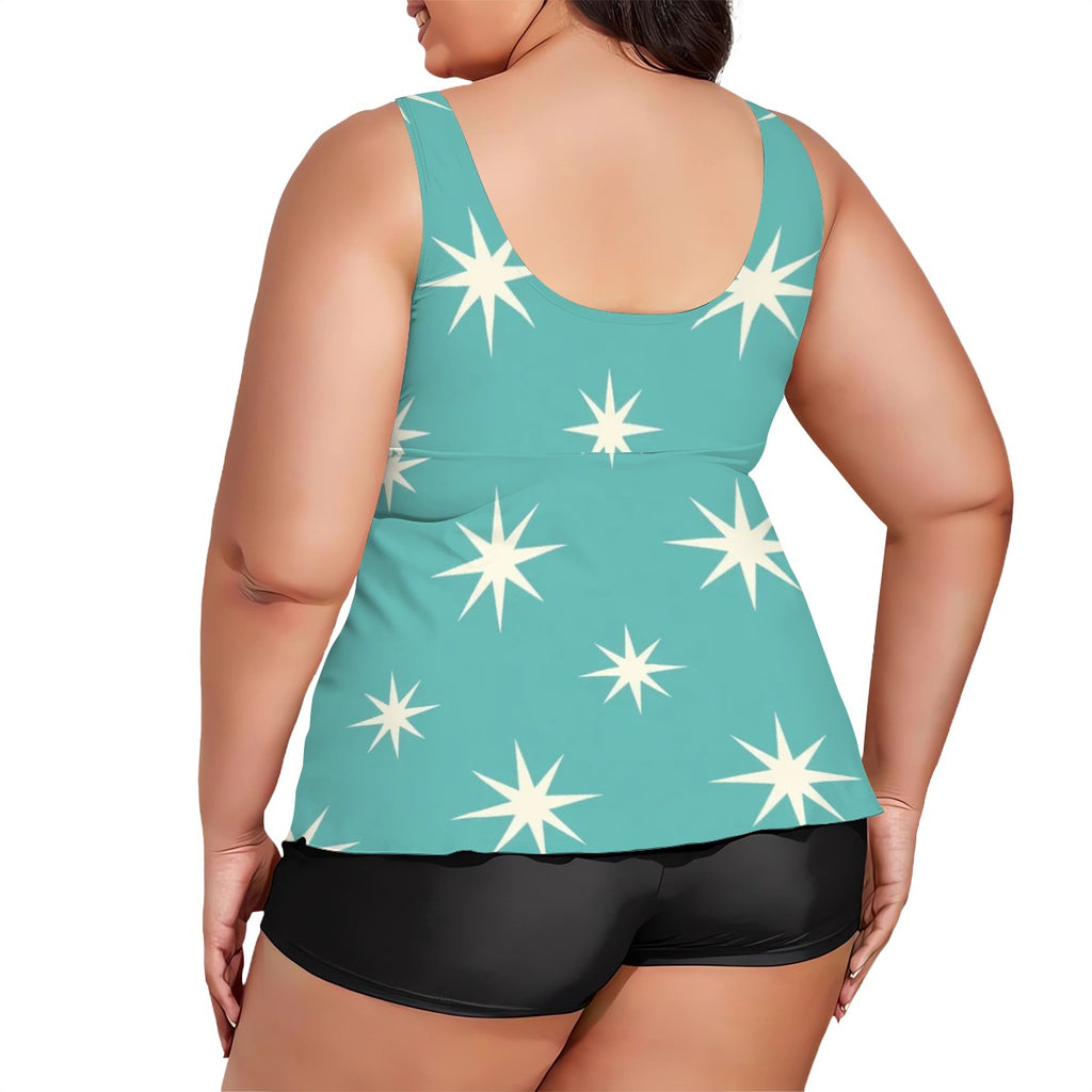 MCM-Era Turquoise Atomic Starburst Print Plus-Size Two-Piece Swimsuit
