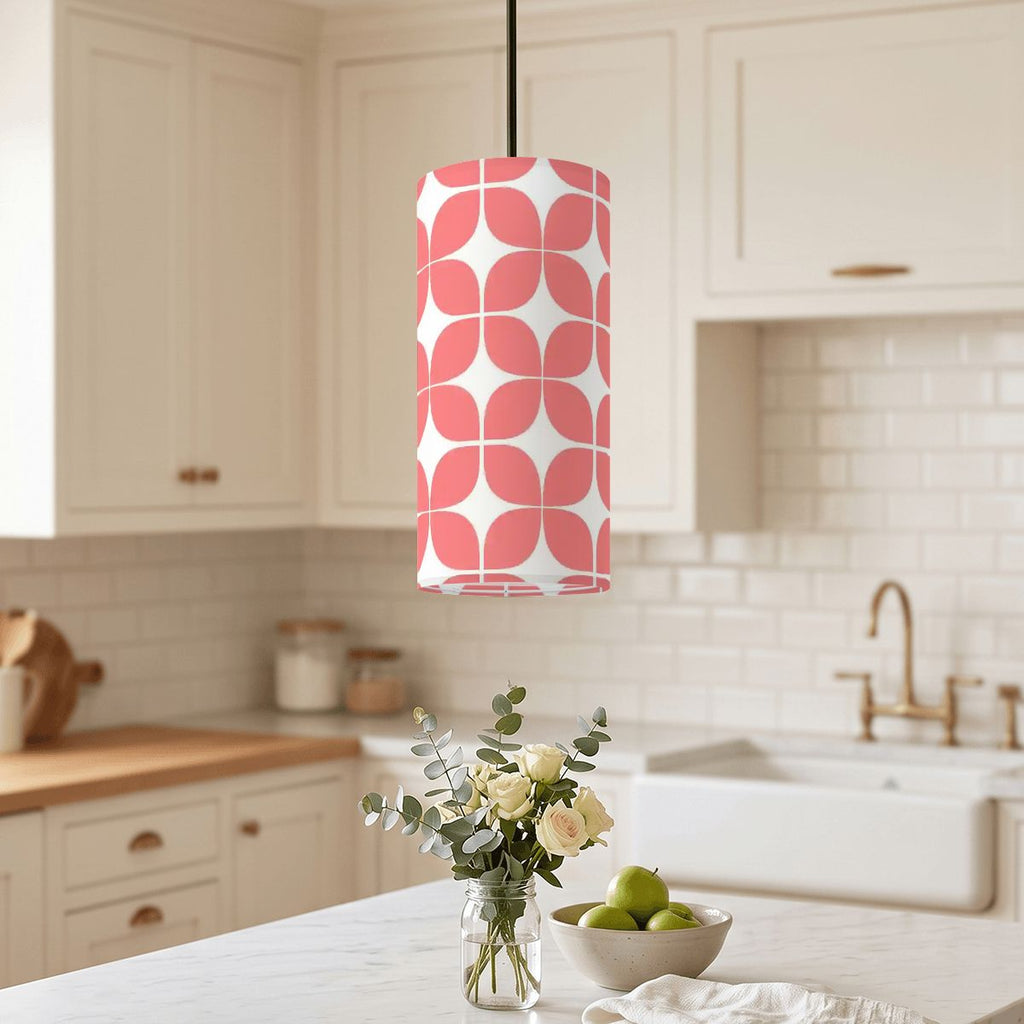 Mid-Century Modern Pendant Light in Pink Geometric | Cylinder Ceiling Light