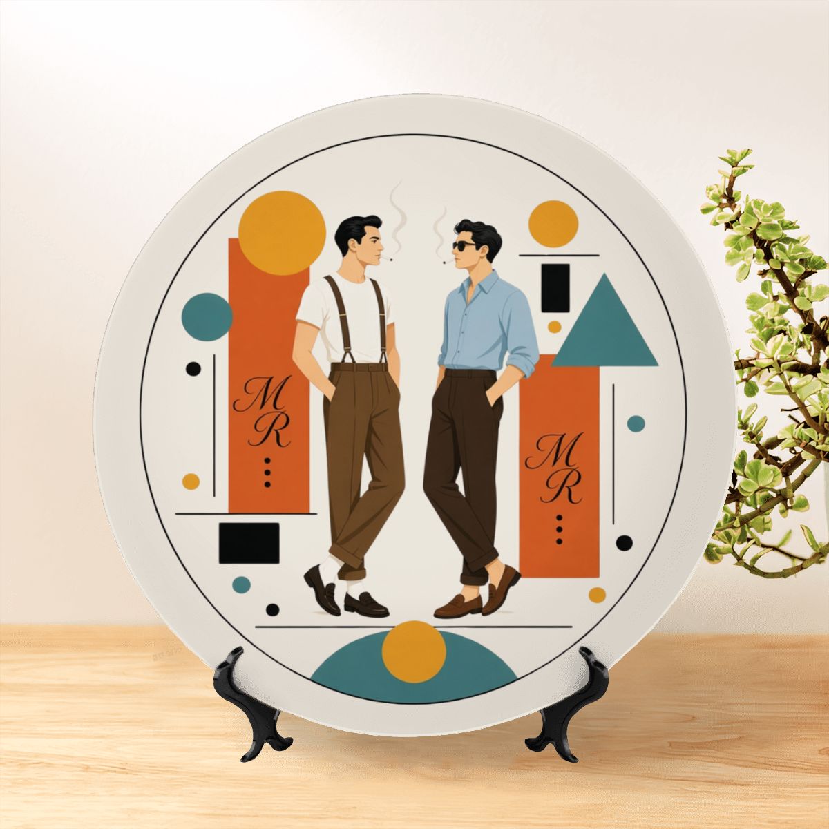 Mid-Century Modern Gay Couple Geometric Ceramic Decorative Plate